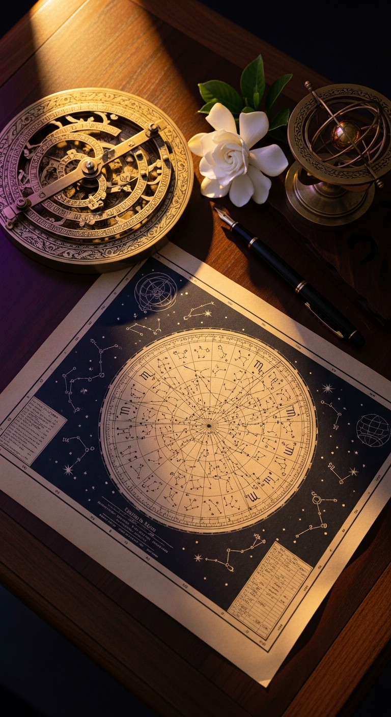 A celestial birth chart on parchment beside a brass astrolabe